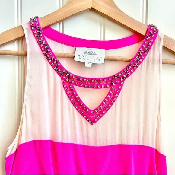 Madison Marcus Silk Dress in Pink and Cream rhinestone neckline size small - Picture 2 of 5